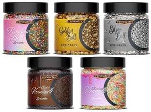 RENEWTRIA Combo of Vermicelli |Golden + Silver Balls|Rainbow Balls 8 0g EACH Sprinkles