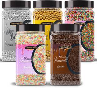 RENEWTRIA Combo of Vermicelli |Golden + Silver Balls|Rainbow Balls 8 0g EACH Sprinkles