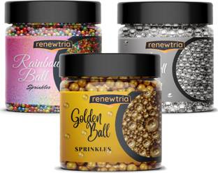 RENEWTRIA Sprinkles pack of 80g EACH ( Golden Ball + Silver Ball + Rainbow ) Sprinkles