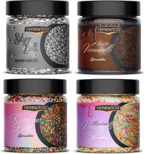 RENEWTRIA Combo of Rainbow + Chocolate Vermicelli & Rainbow + Silver Balls | 80 GRAM EACH Sprinkles