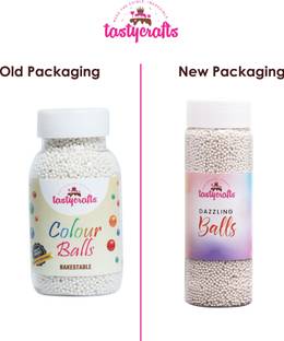 TastyCrafts Bakestable Colour Balls | Edible | Sprinkle Decorations for Cake Décor | Coloured Sugar Confectionery | 100 GM - White Topping Semi Solid
