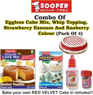 SOOPER CAKE MIX + WHIPPING CREAM MIX + STRAWBERRY ESSENCE + RED COLOUR Topping Powder