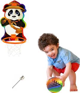 sarvda Basket Ball For Kids | Panda Theme Board Net Rubber Ball Inflating Pin 2 Ties Basketball - Size: 5