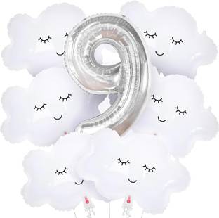 PopTheParty Solid 6Pcs Cloud With 9 Number Silver Foil Balloon
