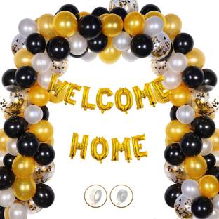Giftzadda Solid 66 Pcs "Welcome Home" Letter Alphabet Foil Balloon Golden BlackTheme Party Kit Letter Balloon