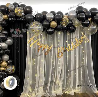 Balloon and you Solid Happy birthday decoration items combo with white net, led ight & Balloon