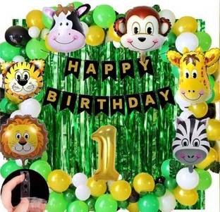PBBS Solid Jungle Theme First Happy Birthday Decoration Set-Ballon,Curtain,Animalface Balloon