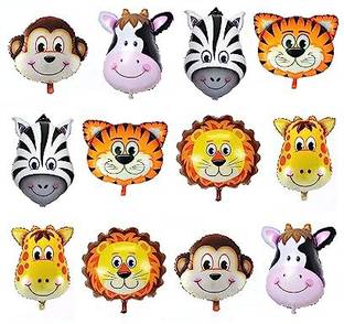 groovywings Printed Jungle Theme Balloons Animal Face Foil Balloon pack of12 Balloon