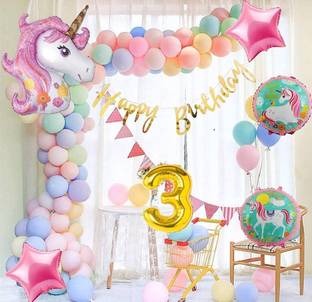 Bash N Splash Printed third Rainbow Pastel Unicorn Birthday Theme 3rd Bday Decoration Pack Balloon