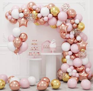 R G ACCESSORIES Solid White Pink Golden Rose Gold Balloons Garland Decoration Kit With Arch Pack Of 60 Balloon