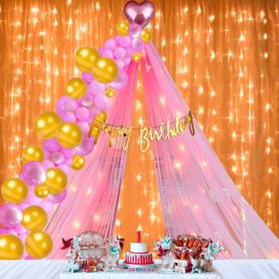 1iAM Printed Birthday Decoration Items Cursive - Banner, Net, Rice Light, Arch, 40 Balloons Balloon