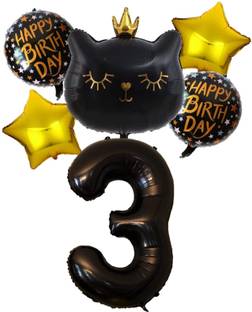 BashNSplash Printed Black Kitty Cat Crown Cute Theme Balloon Kids Happy 3rd Birthday Helium Quality Balloon Bouquet