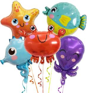 Atpata Funky Printed 5pcs Aquatic Theme Foil Balloons Set For Underwater Ocean Party Decorations Balloon Bouquet
