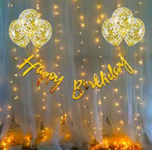 Mooke Solid Golden Theme Happy Birthday Kit-1Banner,6Gold Confetti,1Led Light,2Curtains Balloon