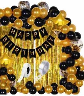 Crafty villa Printed Printed Happy Birthday Combo Birthday Banner Golden Curtain With Balloon Balloon
