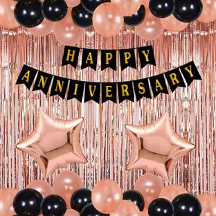 Juratical Real Store Solid Happy Anniversary Banner with Metallic Balloons Decoration Kit & Curtains / Star Balloon
