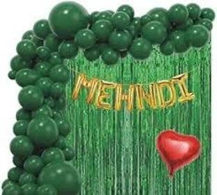 AAKRISH Solid 1 Golden Mehndi Foil,50 Green Metallic,2 Green Curtains,1 Red Heart Foil ,1 Arch Balloon