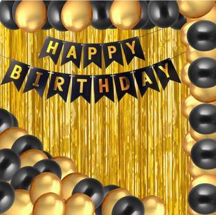 Mooke Solid Happy Birthday Golden Banner (13 foil letter 1 pack) / 2 Pcs silver Metallic Fringe Shiny Curtains / 30Pcs Gold and Black latex Metallic balloons for decoration(pack of 45) Balloon
