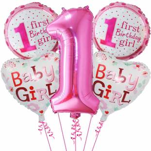 Fun and Flex Printed 1ST BIRTHDAY GIRL THEME FOIL BALLOON BOUQUET SET OF 5 Balloon