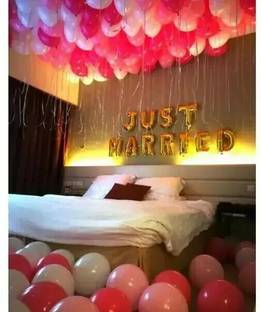 Naveen Solid DECORATION JUST MARRIED FOIL METALLIC BALLOON (RED , PINK , WHITE) SILVER RIBBON Balloon
