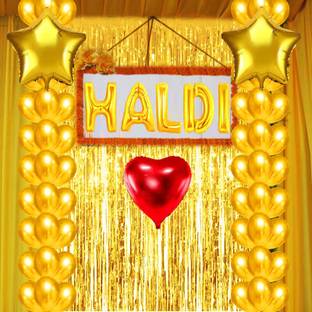 LOONS PEDDLER Solid Golden Yellow Balloons, Haldi Star Heart Foils, Haldi Decoration Set for Wedding Balloon