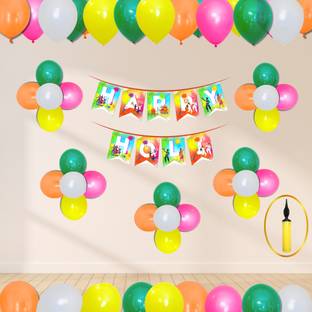 1iAM Solid Happy Holi Decoration Items Combo Pack Including Banner, Glue Dots, Pump & 50pcs Balloon