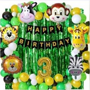 Juneja Enterprises Solid Jungle Theme Third Happy Birthday Decoration Set-Ballon,Curtain,letterfoil Balloon