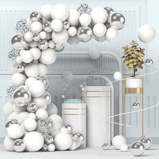 R G ACCESSORIES Solid Metallic Silver White Balloons Garland Decoration Kit With Arch Pack Of 100 Balloon