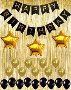 TRISHRA Solid Gold Metallic Fringe Shiny Curtains Black Happy Birthday Banner with Latex and Star Foil Balloons Decoration Kit Balloon