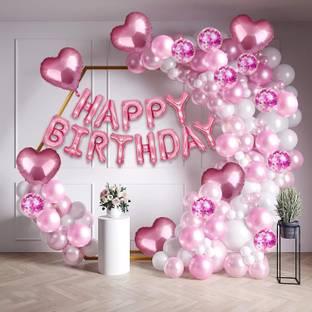 1iAM Solid Birthday decoration with Pink-White Foil,Confetti,Metallic balloons Balloon