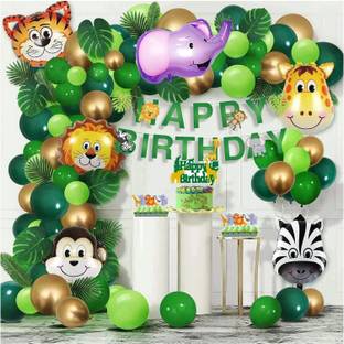 BUC Solid Jungle Theme Party Decoration Combo Balloon, Cake Topper, Bunting 85Pcs For Kids Balloon