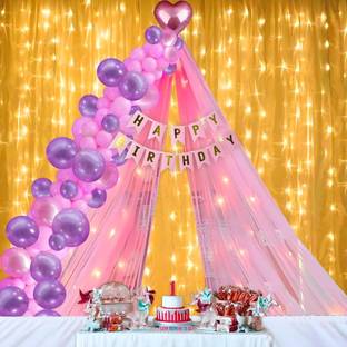 1iAM Printed Birthday Decoration Items Cursive - Banner, Net, Rice Light, Arch, 40 Balloons Balloon