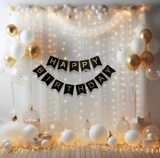 prihek Solid 2 White Net with Fairy Lights and golden chrome balloons Balloon Bouquet