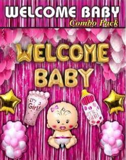 MAANAAS Solid Welcome Baby Girl Foil With 2 pink curtain,1 Bottle,1 Foot and 2 Gold star, 30 Balloon