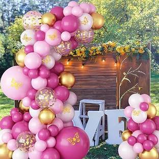 BashNSplash Printed Pink Gold Balloon Garland Arch set Butterfly Pink White Golden Confetti Balloon