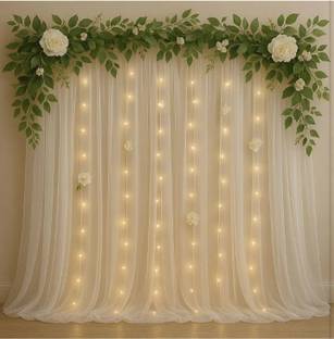 FLIPZONE Printed White net curtain with stitchin and 2 green leaves set Balloon