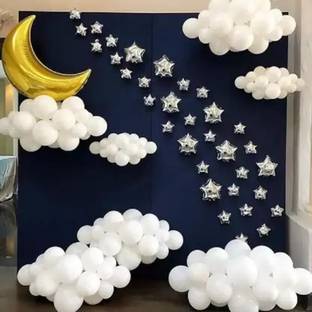 SOI Solid White Cloud Silver Theme Stars & Gold Moon Balloon Party Decoration Kit Balloon Balloon