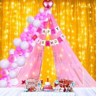1iAM Printed Happy Birthday Decoration Items - Cursive Banner, Net, Rice Light, Glue Dots, 46 Balloon
