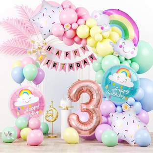 PopTheParty Printed Rainbow Cloud Theme Third Birthday Pastel Balloons Decoration Kit For Baby Balloon