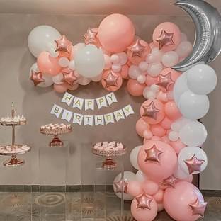 specialyou.in Special You Peach and White Birthday Decoration items with Star and Moon foil balloons, happy birthday banner- 74 Items