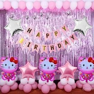 PARTY MIDLINKERZ Solid 1st Happy Birthday Hello Kitty Theme Combo Kit Set Item Combo for Girls Birthday Balloon