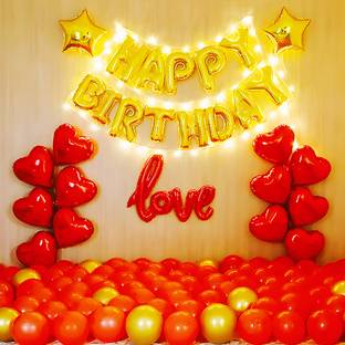 FOOGAA Solid Romantic Bright Red Premium Series Birthday Party Decor Kit with Pump LED Heart Balloon
