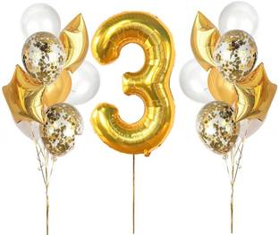 Bash N Splash Printed 3rd birthday Anniversary helium ready Number 3 balloon set with confetti & star Balloon Bouquet