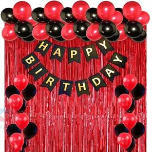 Elderwand Solid BLACK BANNER & 30 PCS RED BLACK BALLOON 2 PCS RED FOIL CURTIAN Balloon Bouquet