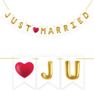 Wobbox Golden & Red Balloon Just Married Bunting Banner, Wedding Decoration Item Banner