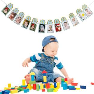 TechBytesRetail Happy Birthday Photo 1 To 12 Banner Party Decoration (Gold Blue) Banner