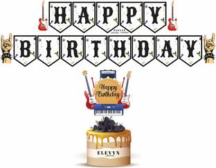 ELEVYN Music Theme Happy Birthday Banner with Cake Topper Combo for Music Singers Banner