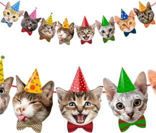 ZYOZI Cat Birthday Banner,Cat Face Party Banner,Kitty Cat Theme Bunting Decoration Banner