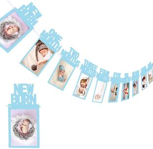 AMFIN New Born 1st Birthday Baby Photo Banner Blue / Growth Record 1-12 Months / Monthly Milestone Photo Bunting Wreath, First Birthday Party Decoration Banner