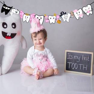 ZYOZI I Got My First Tooth Character Banner,I Got My First Tooth Decoration(BABY GIRL) Banner